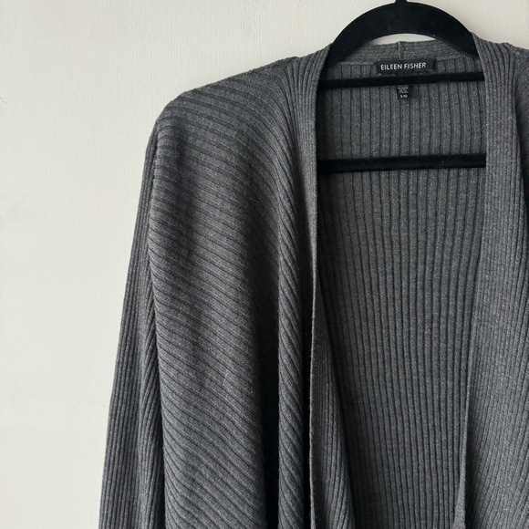 Eileen Fisher | Gray Wool Ribbed Angle Front Waterfall Cardigan - Picture 7 of 11